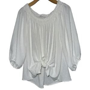 Ariella Women’s S White Swiss Dot Tie Front Off the Shoulder Balloon Sleeve Top